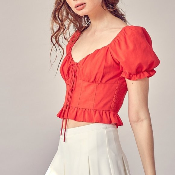 IDEM DITTO Red Balloon Sleeve Button Down Crop Top. Size Medium - Picture 2 of 3